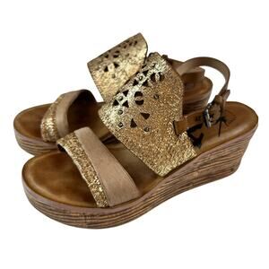 OTBT Hippie Sandals Gold Platform Wedge Sandals Heel size 8.5 Leather Boho